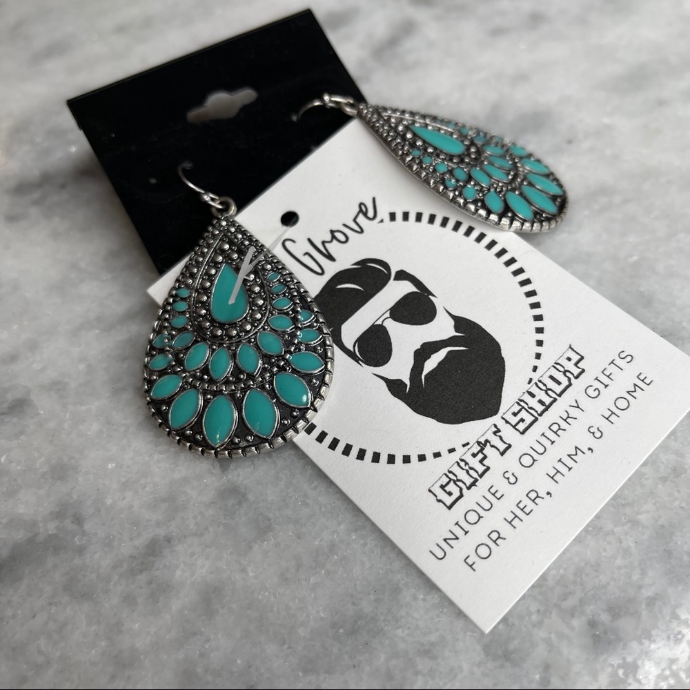 Turquoise silver statement boho gypsy earrings - Picture 3 of 4